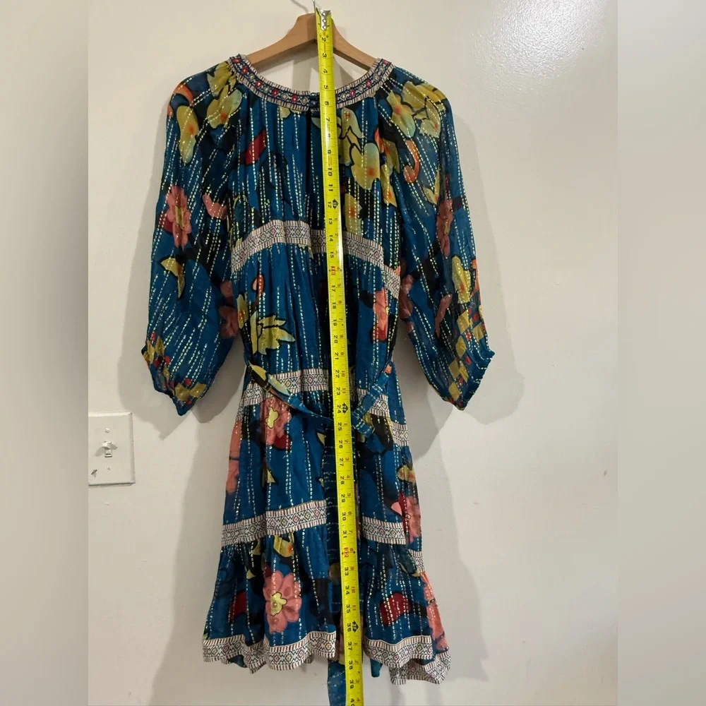 verb Teal Floral Pleated Mini Dress with Tie Waist - Picture 6 of 7